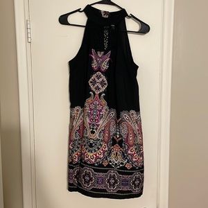 Black halter mini dress with paisley & lace